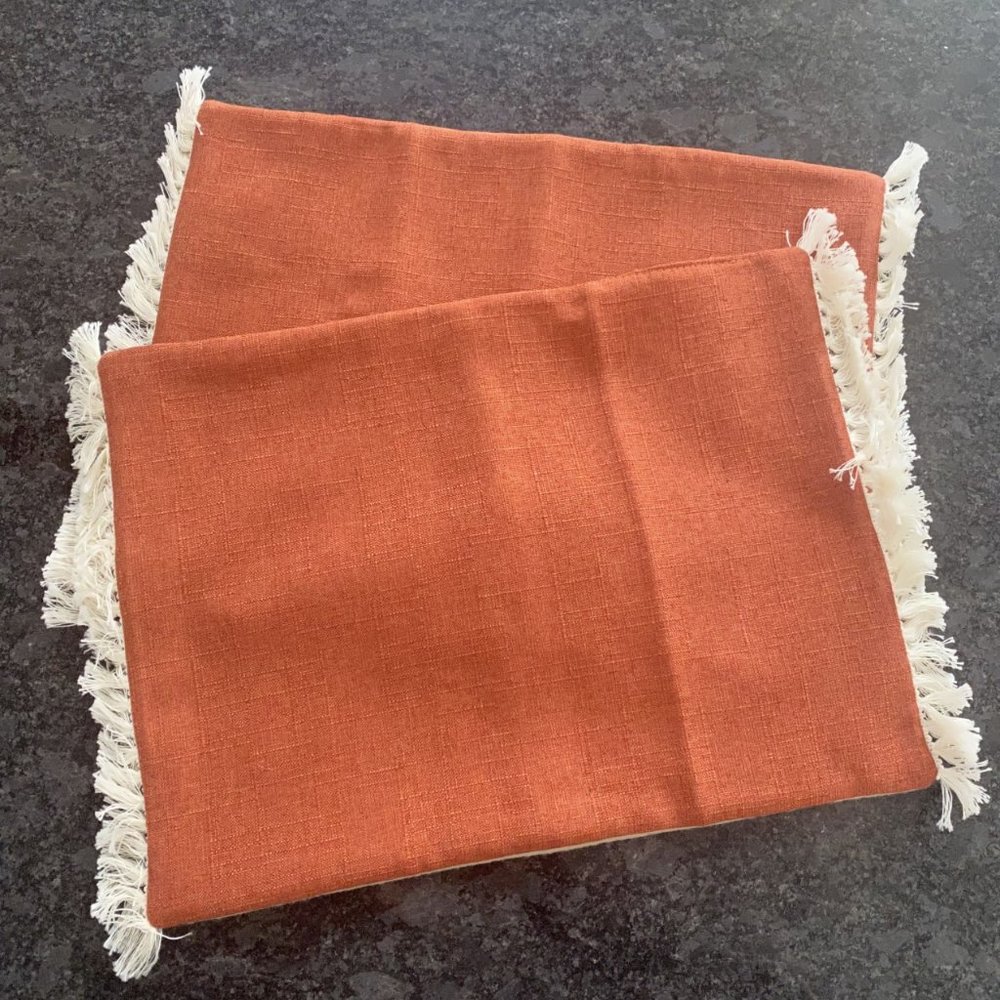 Placemats Double Sided Orange and Cream with Fringe Set 2